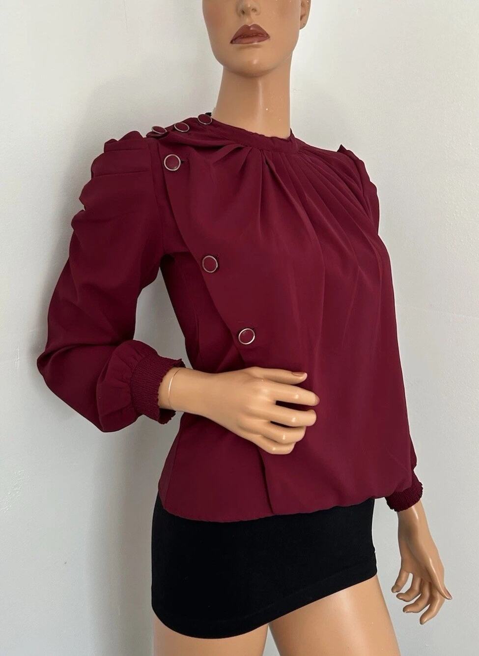 Unbranded Blouse S Burgundy Long Sleeve Asymmetrical Side Close Button Pleated